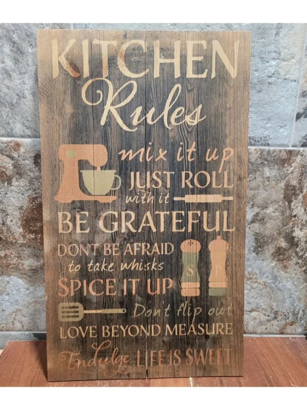 P Graham Dunn Kitchen Rules Distressed Wood Pallet Wall Art Sign Plaque 24x14